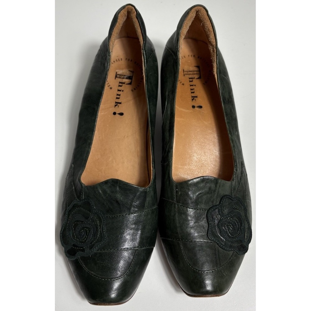 Think! Womens Italian Leather Pumps Green Size‎ 41 Classic Flower Design Nature